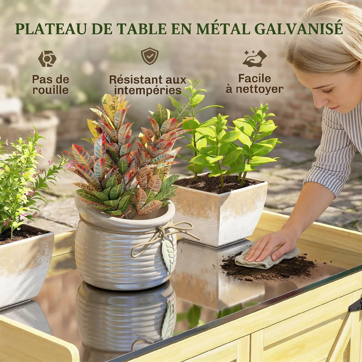 Outsunny Armoire de Jardin en Bois, Armoire extérieure de Rangement avec étagère et Crochets, Plan de Travail en métal galvanisé, Table de rempotage pour Balcon et terrasse 71,5x39x95 cm Bois Naturel