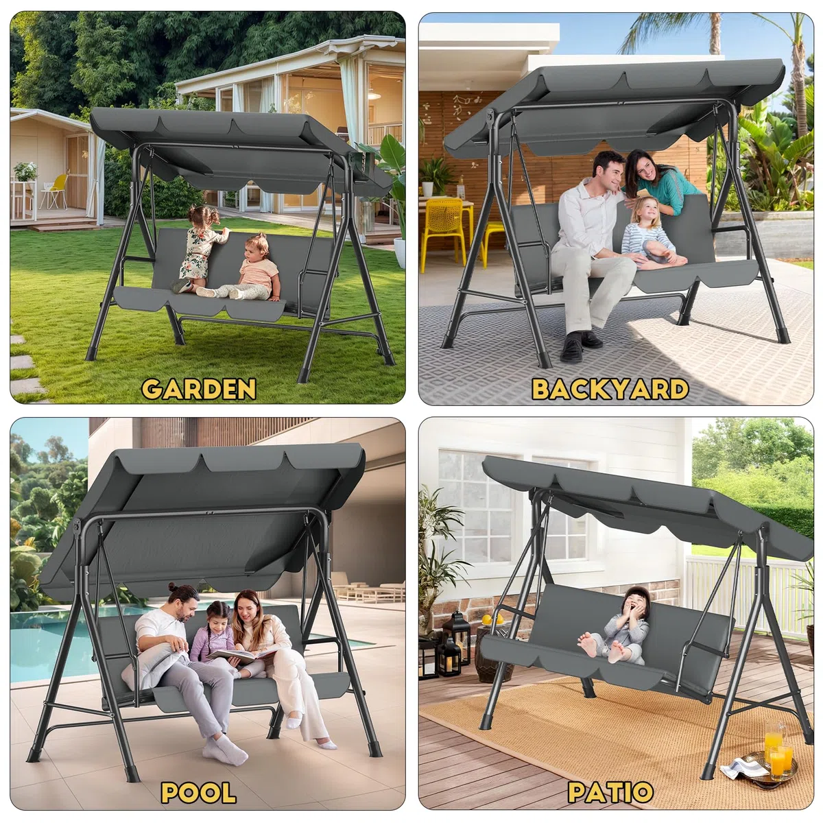 Balancelle Jardin 3 Places,Chaise à Bascule avec Toit Pare-Soleil et Coussin Amovible,Chaise de Jardin,Structure Métallique Stable,Charge 270 kg,Banc à Bascule pour Extérieur,175x110x152cm,Anthracite
