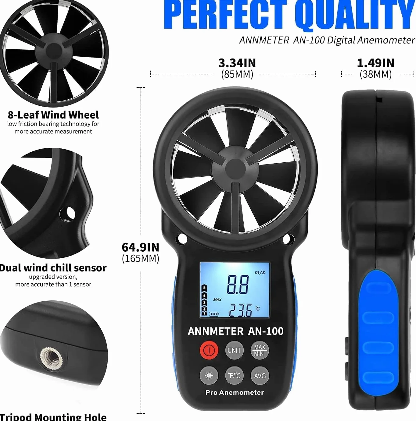Anémomètre Portable Vitesse du Vent, AIOMEST Mesureur de Vitesse du Vent 30m/s et Température, Détecteur de Débit d'Air pour CVC Chauffage, Exterieur Drone Voile, Portable Anemometer AI-100 avec Étui