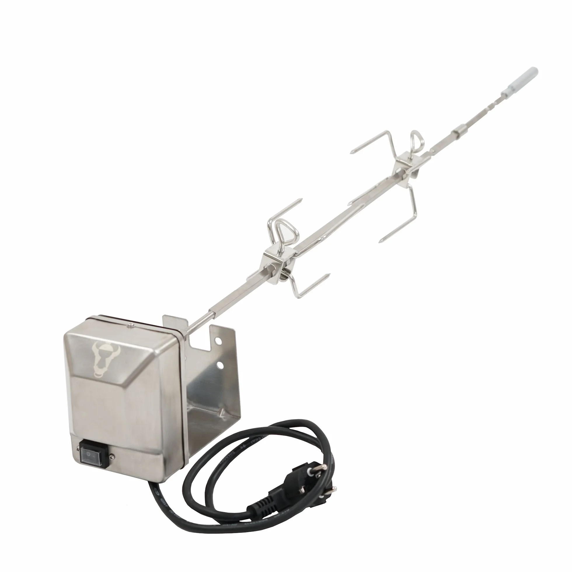 BBQ-Toro Set de broche en acier inoxydable | Pour barbecue Weber Genesis II séries 200 et 300 | inclus 2 fourches, moteur, support pour moteur, broche rotative
