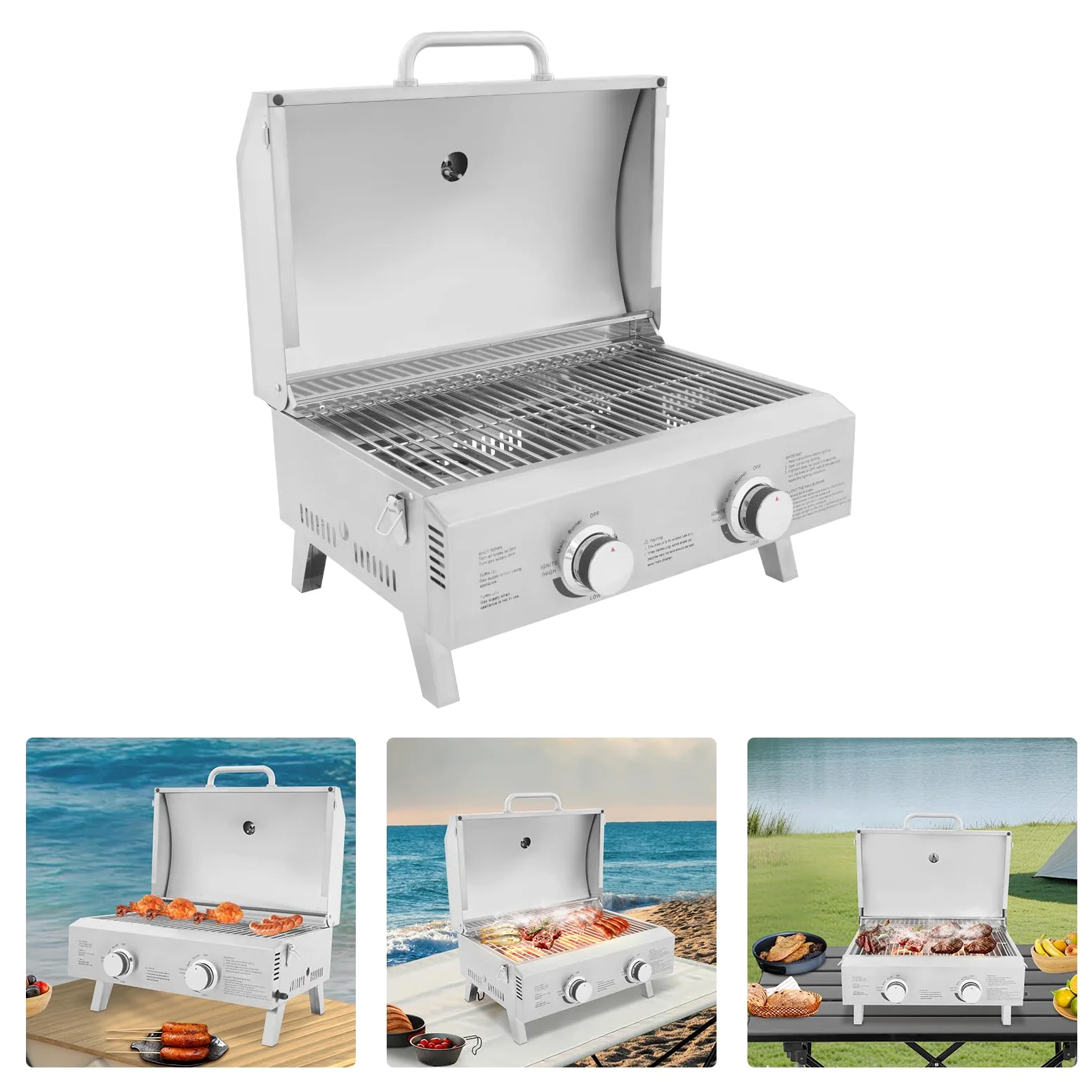Barbecue à gaz gastro avec 2 brûleurs - En acier inoxydable - Avec couvercle - Pliable - Portable - Pour terrasse, excursions en camping-car et pique-nique