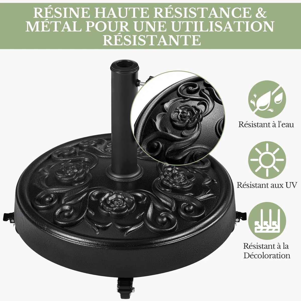 Yaheetech Pied de Parasol à roulettes 25 KG, Base de Parasol Vintage à Motif Rose pour Mât de Ø 34mm/38mm/48mm du Parasol, Support Pied Parasol pour Jardin, Terrasse, Plage (Noir)