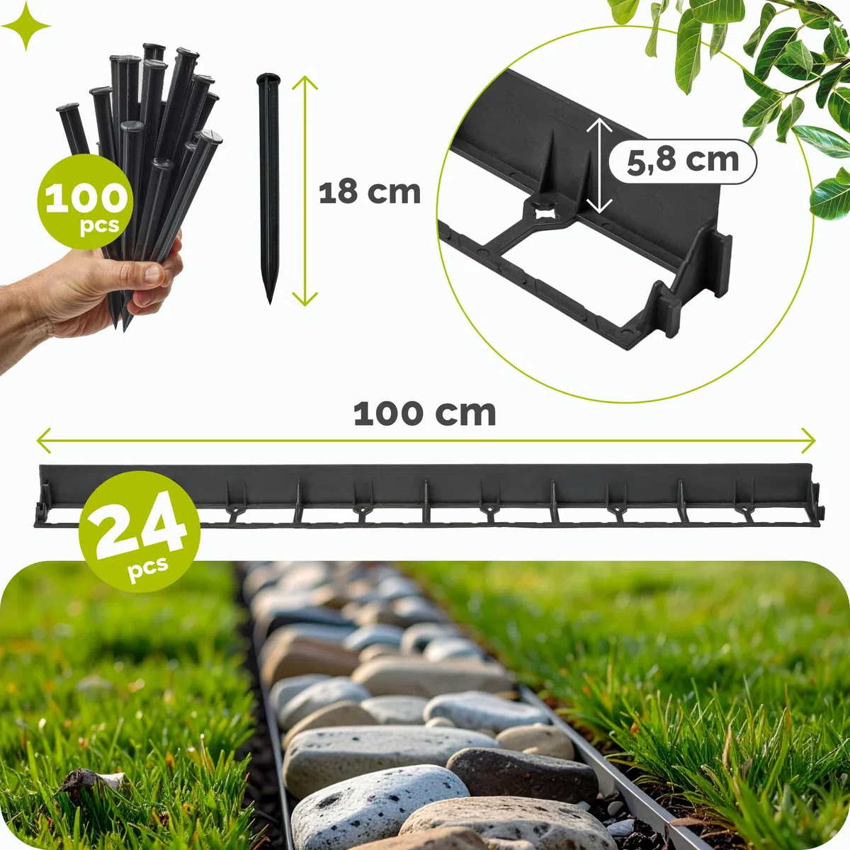 Garronda Bordure de Jardin 24 m, Bordurette Flexible Plastique Noir 5,8 cm avec 100 Piquets, Délimitation Pelouse Massifs Potager, GD-0157