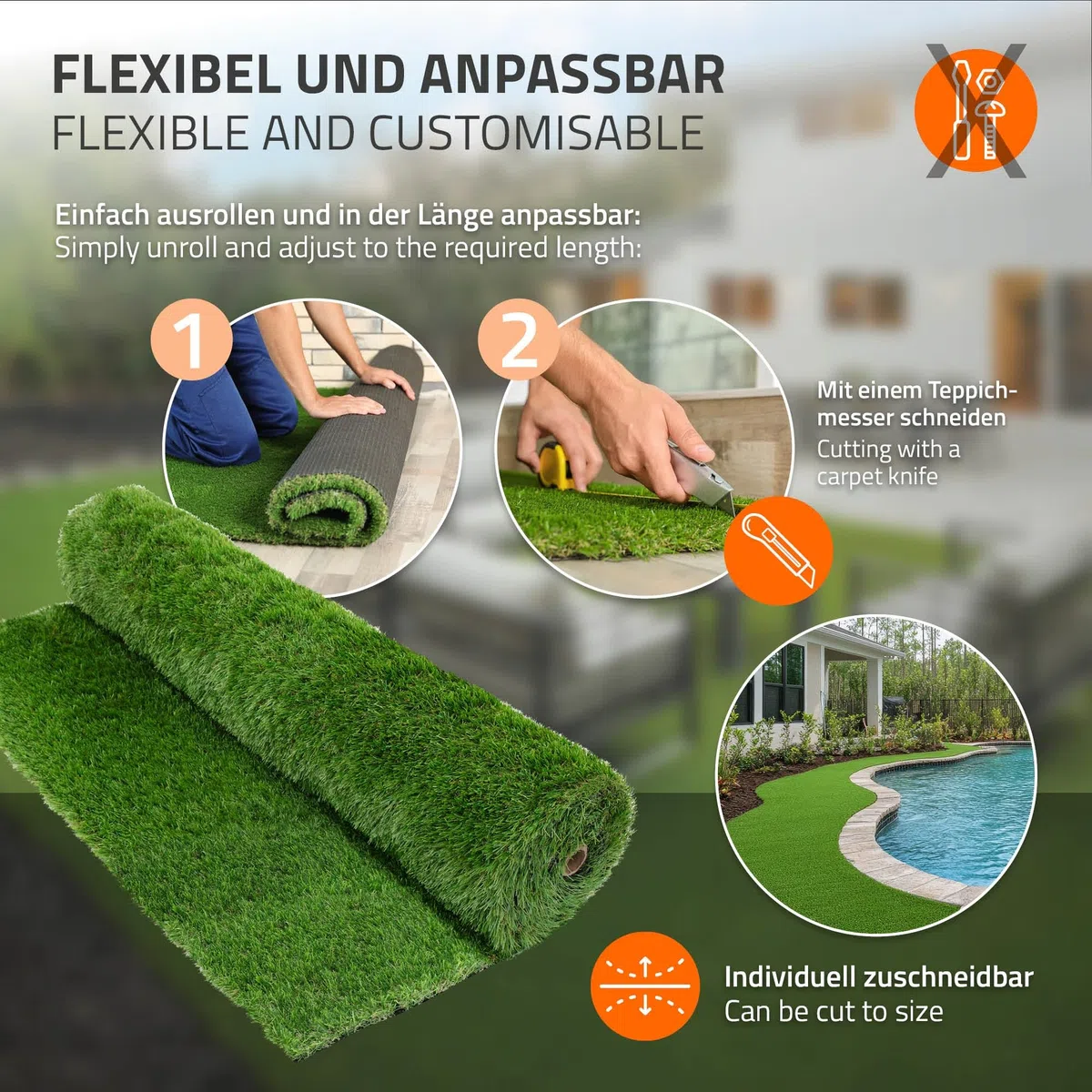 ECD Germany Gazon Synthétique 35mm Rouleau 3m² (1x3m), Vert Multinuancé, Drainage Rapide et Facile à Découper, Résistant Intempéries, Tapis Artificiel Pelouse Herbe Fausse Revêtement de Sol de Jardin