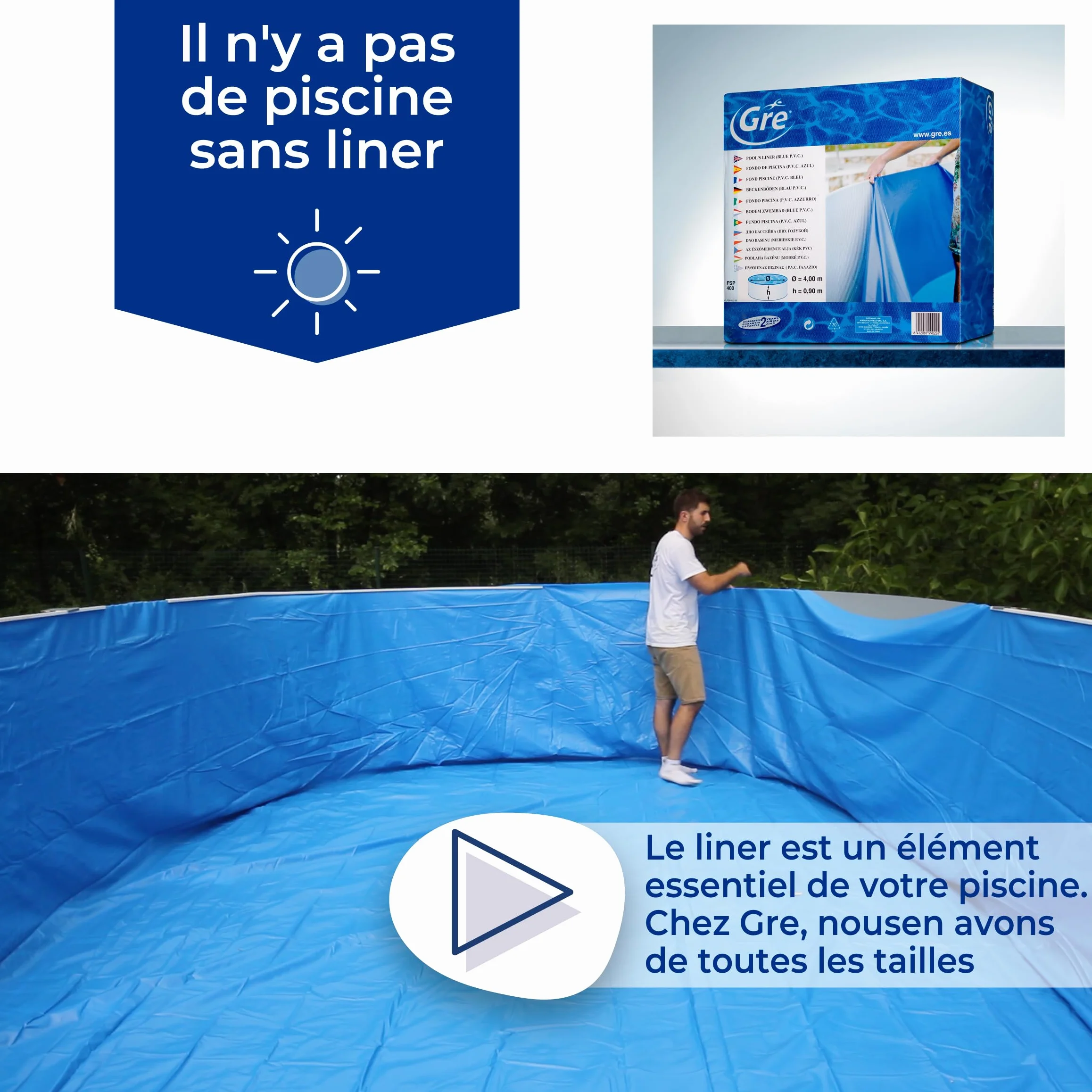 GRE SP2450F - Liner uni Bleu pour piscines Rondes Ø240 H:120cm, épaisseur 30/100e, système Overlap