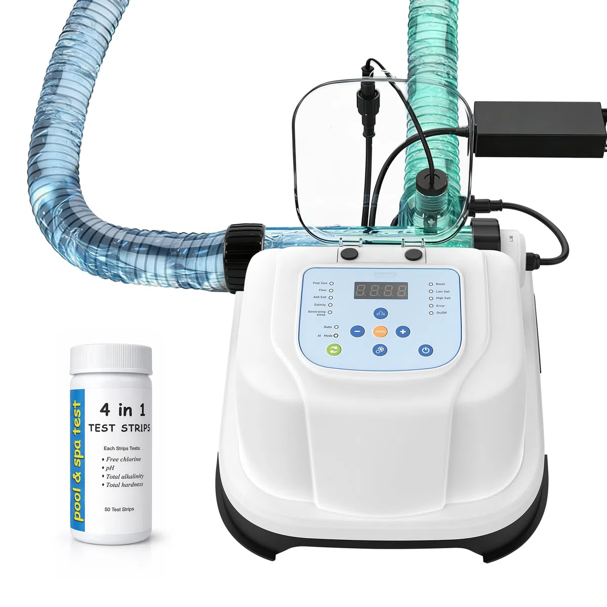 Chlorinateur d'eau salée pour piscines hors sol, système de piscine d'eau salée jusqu'à 5 000 litres, générateur de chlore salé autonettoyant, avec modes auto/AI, adaptateurs et bandelette de test