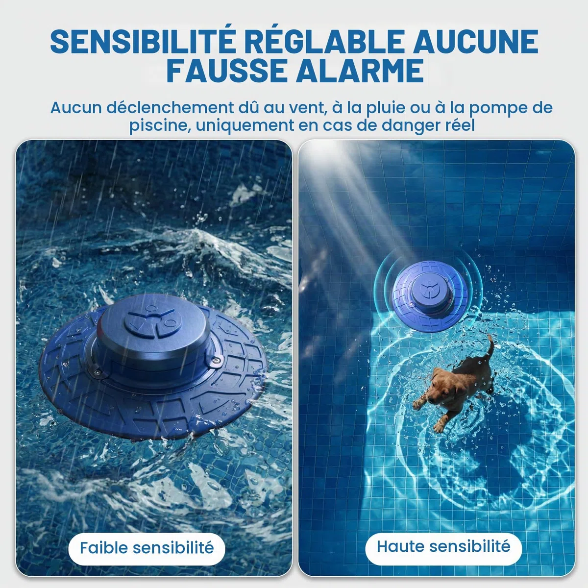 Alarme de piscine, alarme de sécurité flottante pour piscines creusées et hors sol, sirène de 110 dB étanche IP68, détection d'onde intelligente empêchant les fausses alertes, portée sans fil de 80 m