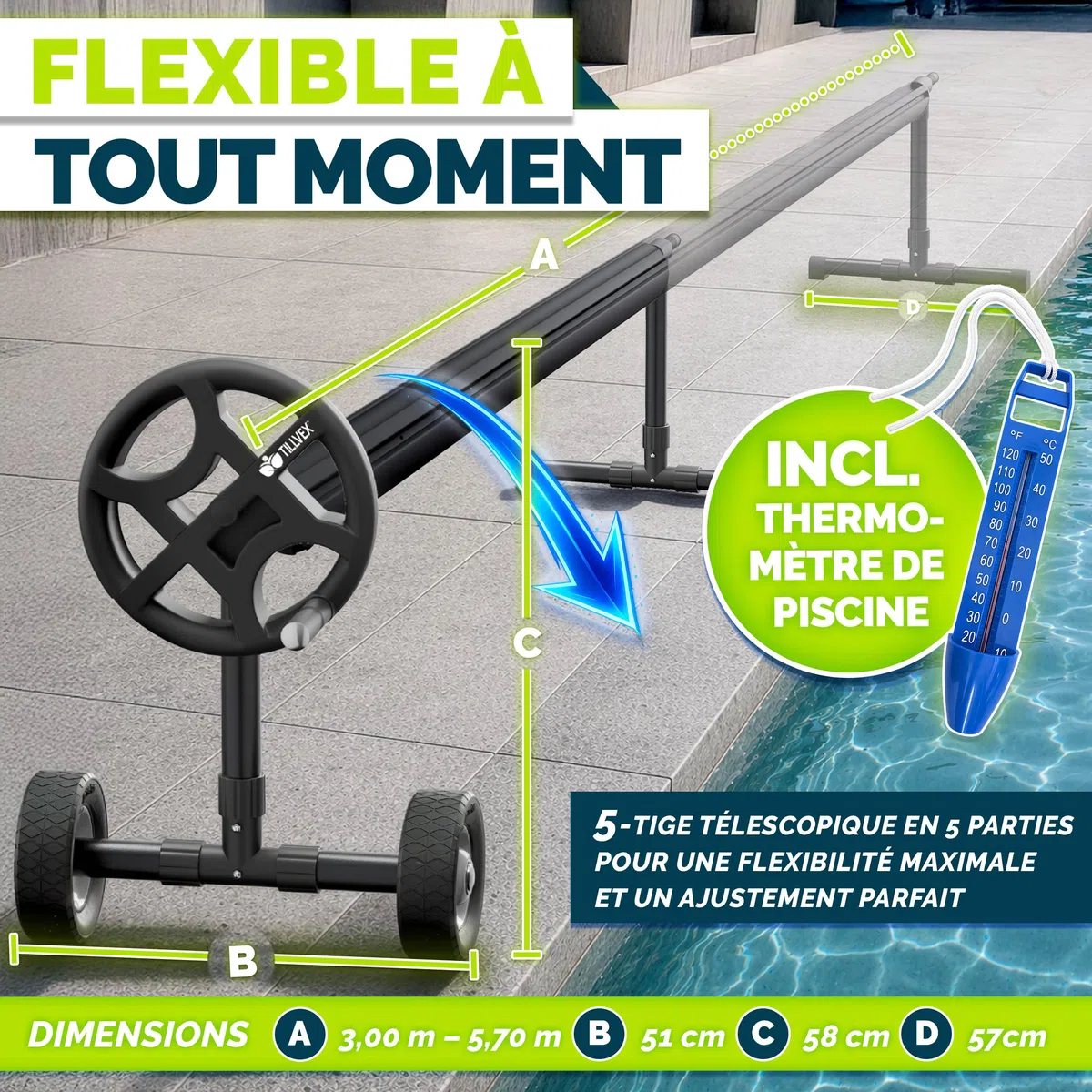 tillvex Enrouleur de Piscine 3-5,70 m avec pneus Pleins Thermomètre & Pattes de Fixation | Système d'enroulement pour bâche Solaire | Dispositif de déroulement pour bâche et Couverture de Piscine