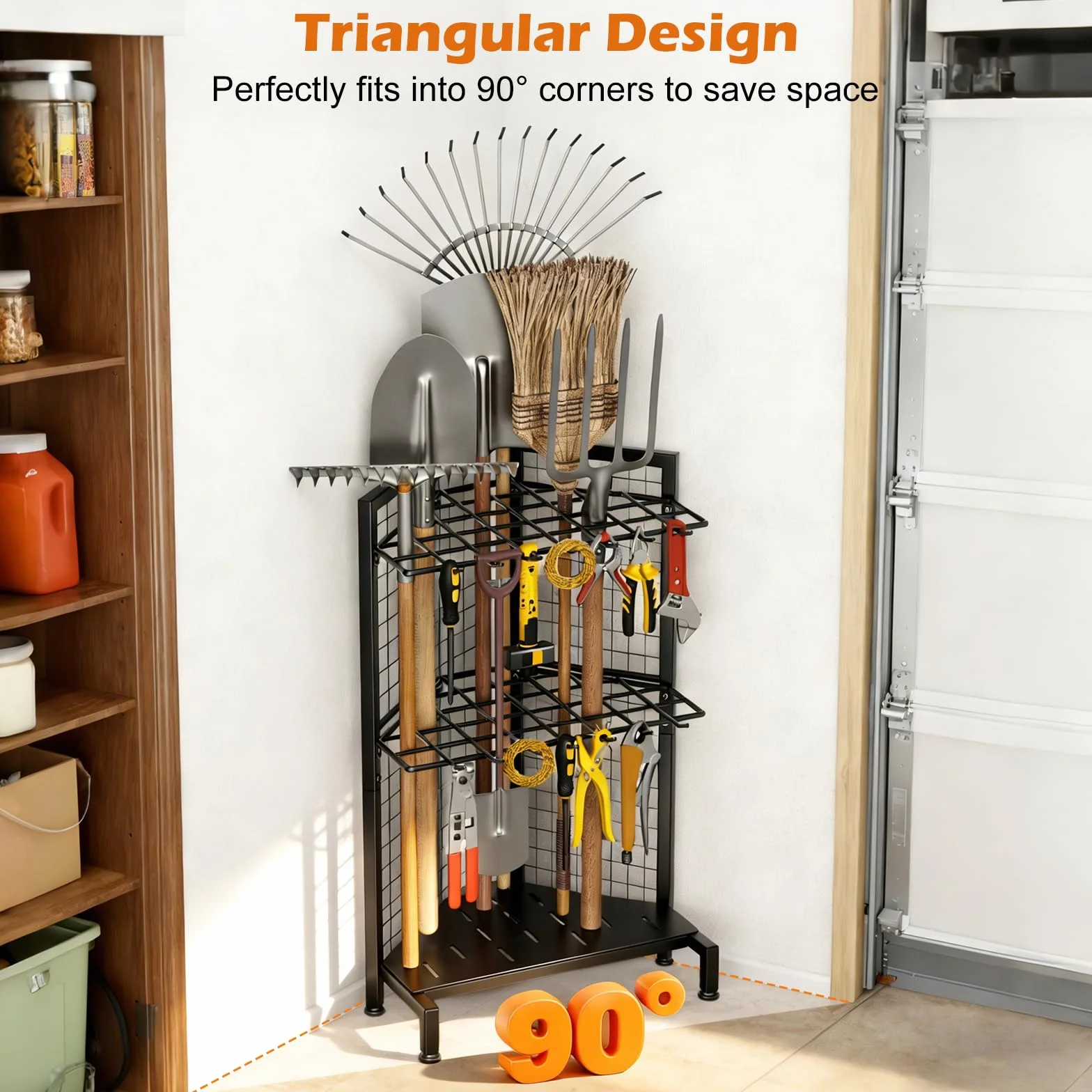 Organiseur Outil de Jardin, Support à Outils d'Angle pour Garage, jusqu'à 34 outils manche, 14 Crochets, Support de Jardin en Acier Résistant avec Pieds Réglables pour Râteaux, Pelles, Balais
