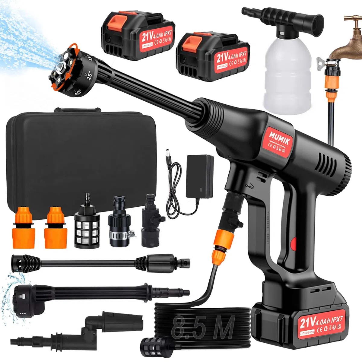 Nettoyeur Haute Pression sans Fil, Nettoyeur Haute Pression sur Batterie Portable 60 Bars avec 2 Batteries 4,0Ah (IPX7), Tuyau de 8.5M, 6-en-1 Buse, Rotative Buse, 3 Niveaux Réglables
