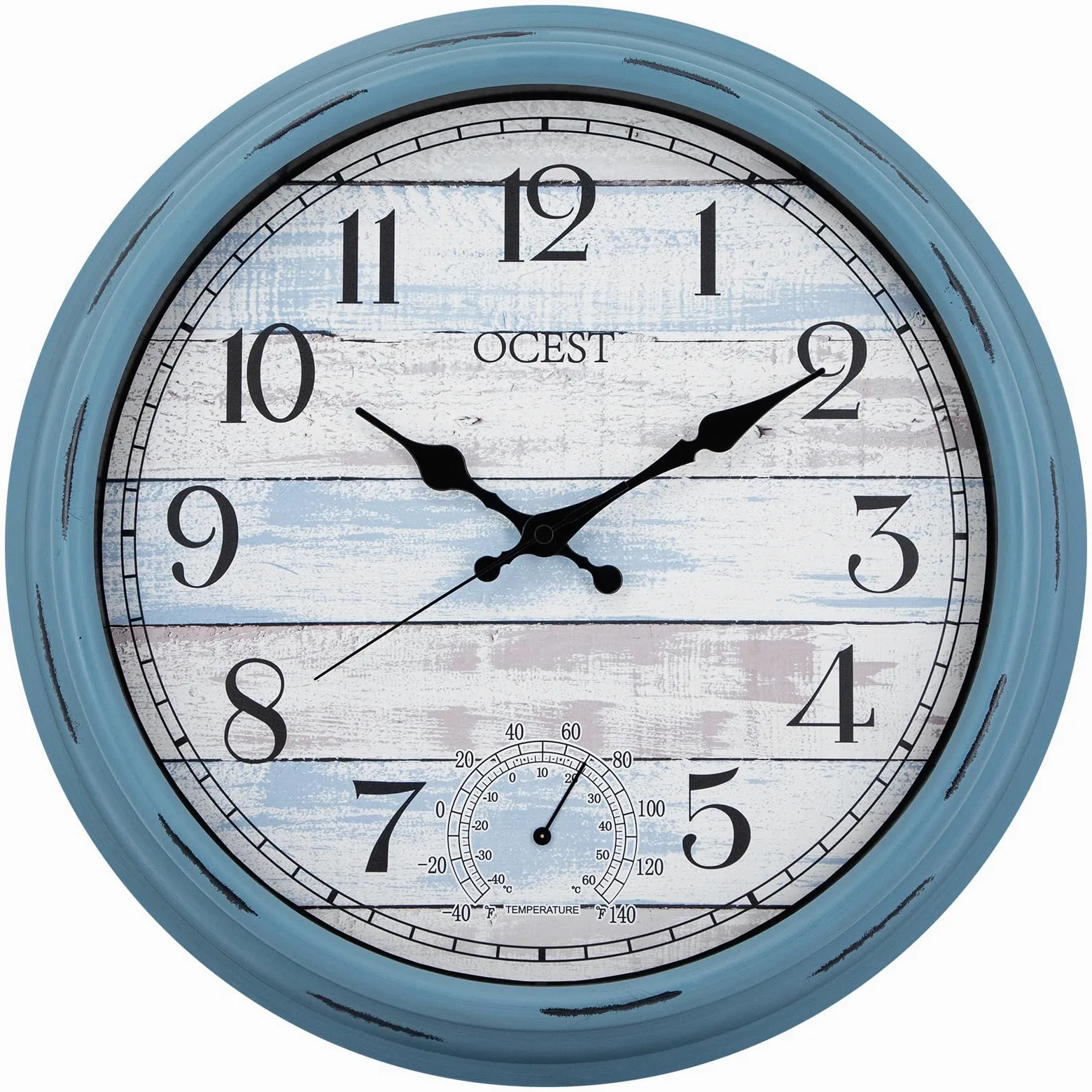 OCEST Grande horloge murale d'intérieur et d'extérieur de 40,6 cm, étanche avec thermomètre, résistante aux intempéries, sans tic-tac, horloge décorative à piles pour terrasse, piscine, porche,