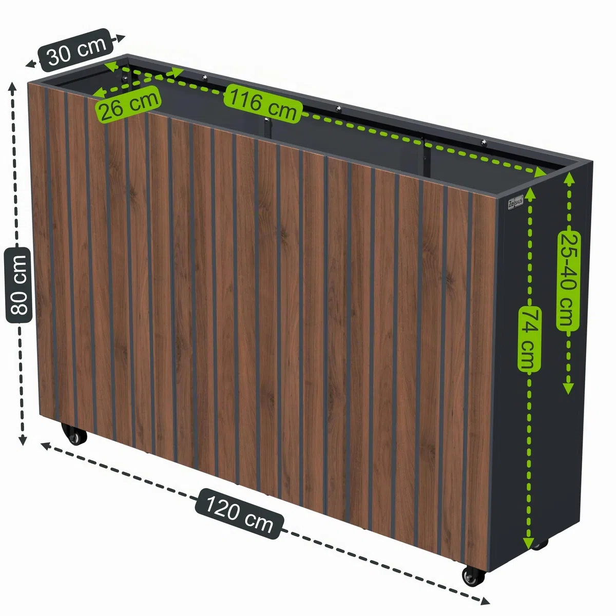 Zelsius Jardinière surélevée en acier galvanisé avec roues 120 x 30 x 80 cm | Anthracite RAL 7016 Aspect bois de noyer | Bac à fleurs, jardinière, plate-bande, potager, bac à herbes, pot de fleurs