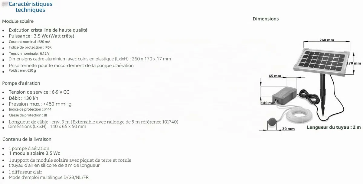 esotec Aérateur solaire de bassin 3.5/130, aération de bassin, pompe à oxygène, débit d'air 130 l/h, module solaire 3,5 W, piquet de terre, tuyau d'air, 101841