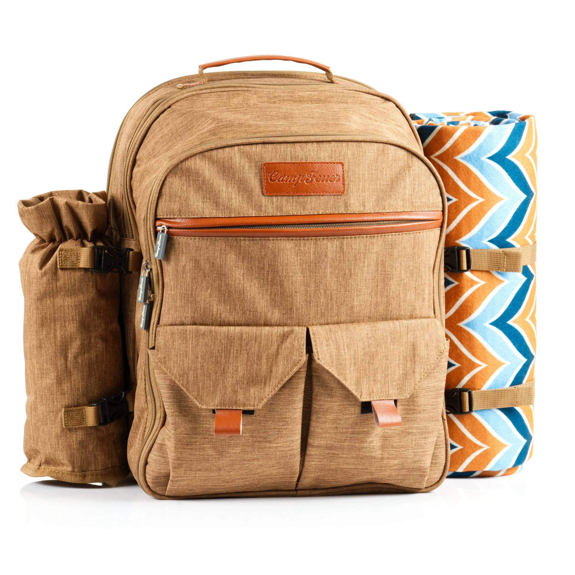 CampFeuer Sac à Dos de Pique-Nique pour 4 Personnes | Marron | Set de Pique-Nique 32 pièces | Comprenant Un Porte-Bouteille et Une Couverture Polaire