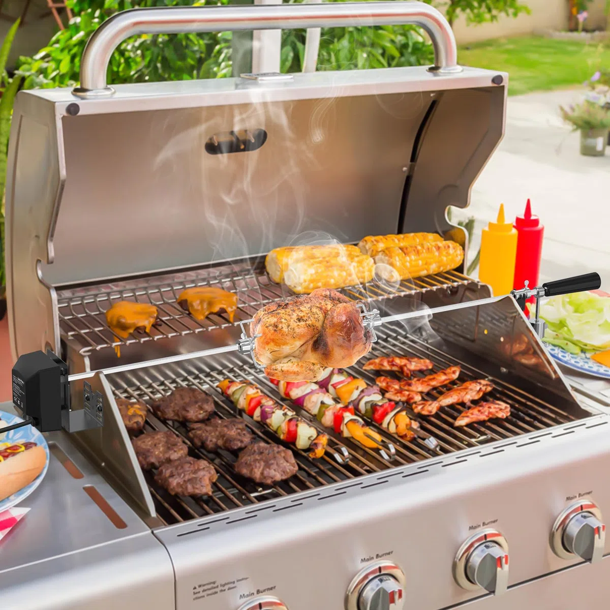 onlyfire Universel Barbecue Rôtisserie Set pour la Plupart des Barbecues à Gaz 2-4 Brûleurs, avec 2 Fourchettes à Viande, Moteur 220V - 240V, Tige de Broche Carrée Réglable 81,28cm-106,68cm