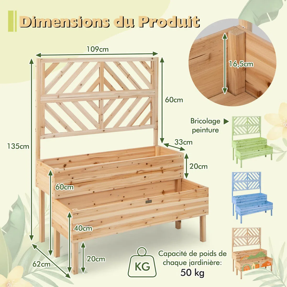 GOPLUS 2 en 1 Jardinière Surélevée avec Treillis en Bois à 2 Niveaux pour Vigne, Bac à Fleurs avec Trou de Drainage pour Légumes, Fruits, Herbes, Fleurs, pour Patio, Balcon, Terrasse