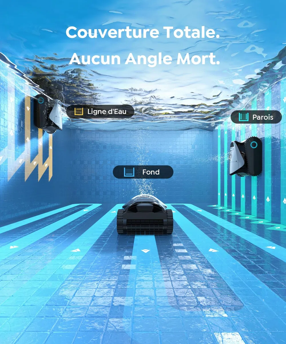 C1 Robot Piscine Fond et Parois, Ligne d'eau, Double Filtre, Robot Piscine sans Fil, 7 Modes, 180 Min d'Autonomie, Puissant Aspirateur pour Piscines jusqu'à 150 m², Gris
