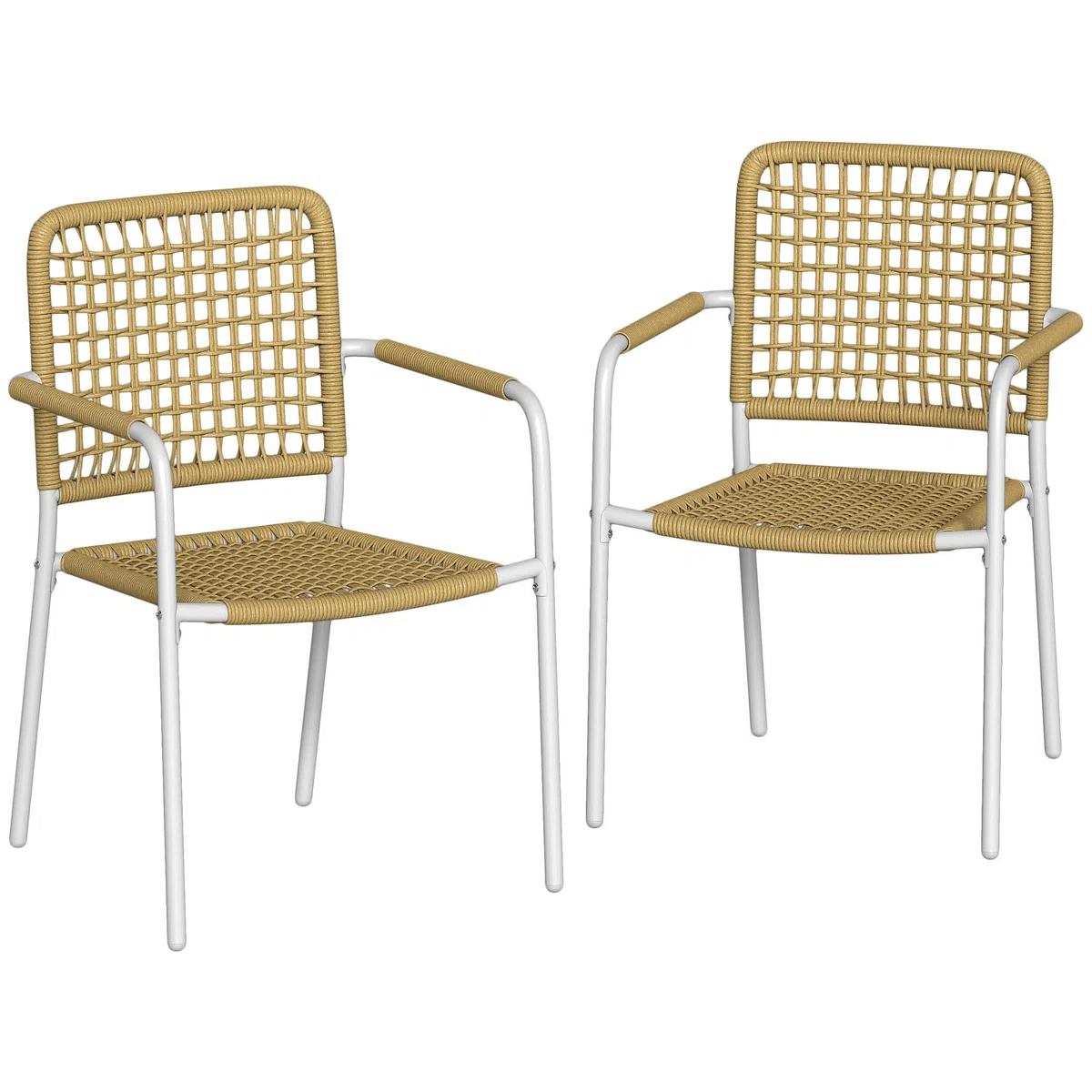 Outsunny Lot de 2 Chaises de Jardin en Résine Tressée Empilables Jaune | Chaise de Salle à Manger, avec Accoudoirs et Dossier, Fauteuil de Jardin Exterieur, pour Balcon Terrasse Patio
