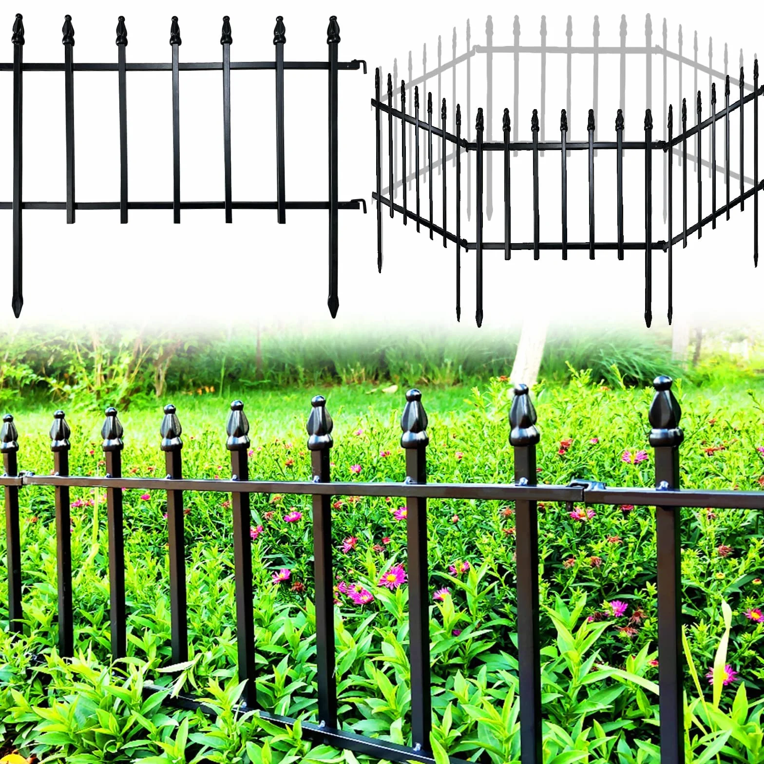Thealyn Clôture Décorative de Jardin en Métal, 57 cm x 45 cm, 5 Panneaux, 2,8 m Longueur Totale, pour Parterre de Fleurs (Noir, 45cm H * 57cm L *5 Pieces)