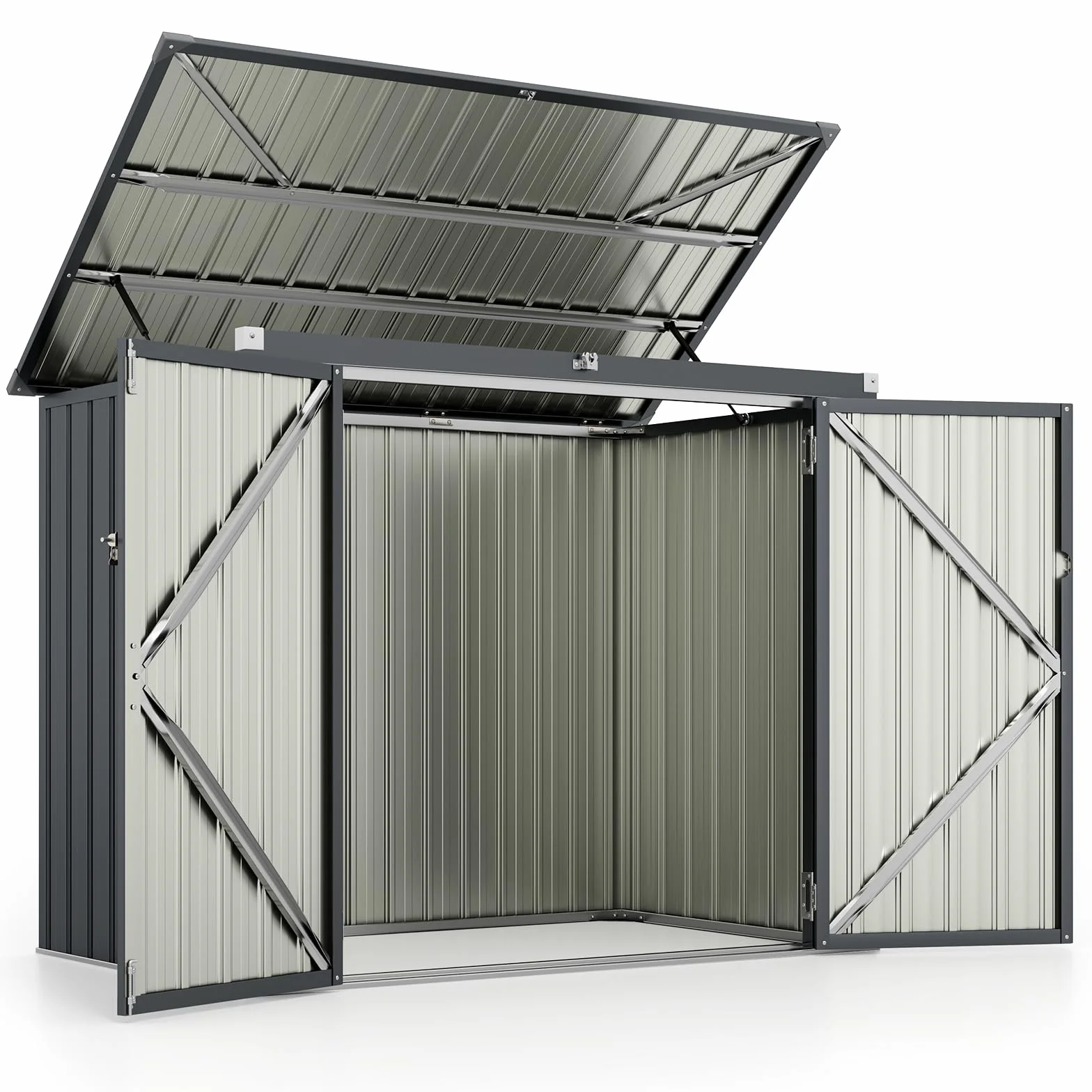 COSTWAY Abri de Jardin en Métal Galvanisé 1,5 m², Cache Poubelle Exterieur Verrouillable, Toit Ouvert, 2 Portes, Abri Poubelle Exterieur, 4 Gants, Rangement Etanche pour Vélo,Outils(Gris foncé)