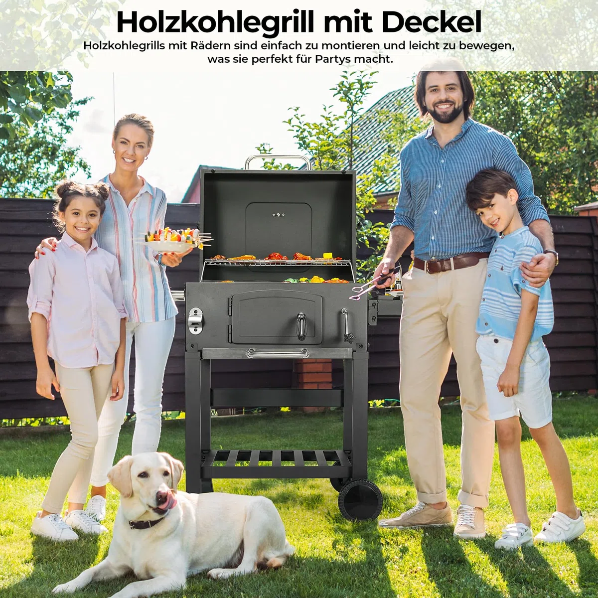 LIFERUN Barbecue Charbon de Bois XL, Grand Barbecue a Charbon avec Couvercle, BBQ Smoker avec Thermomètre et 2PCS Roues, Gril Réglable en Hauteur, Grill au Charbon de Bois pour Camping et Jardin