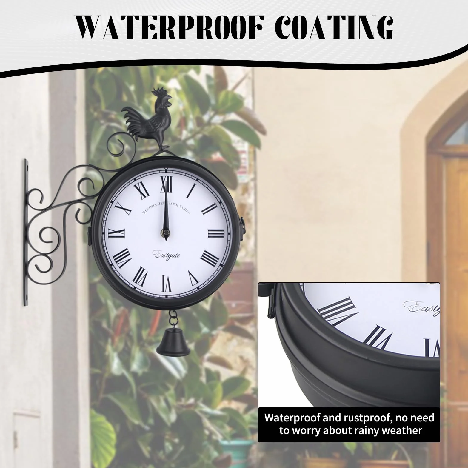 Horloge de jardin - Horloge de gare - Montre Résistante aux intempéries - Design double face - Étanche - 20 cm - Rétro - Avec support mural - Pour jardin, couloir, véranda, gare - Noir