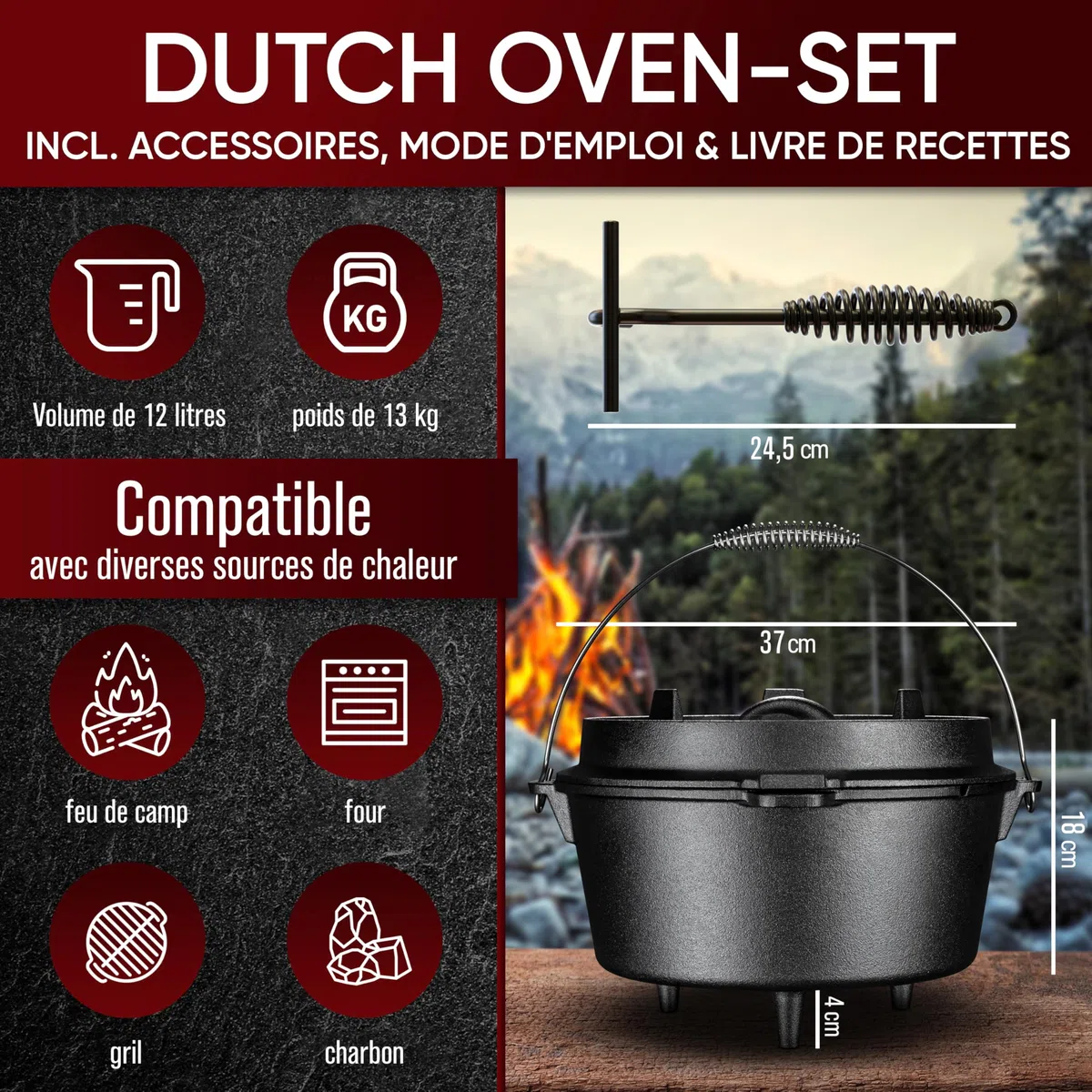 GUSSKÖNIG Ensemble Dutch Oven [12L] - Cocotte en fonte déjà assaisonnée avec levier de couvercle pratique et pieds