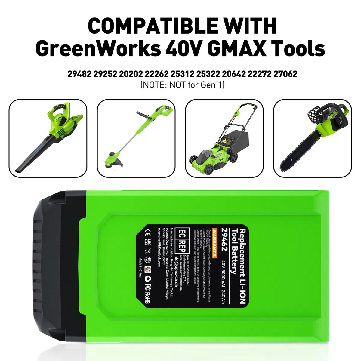 40V 6000mAh Remplacement Batterie pour GreenWorks Batterie 40V Compatible avec Les modèles 29462 29472 29252 25312 25322 20202 20642 21242 22272 27062