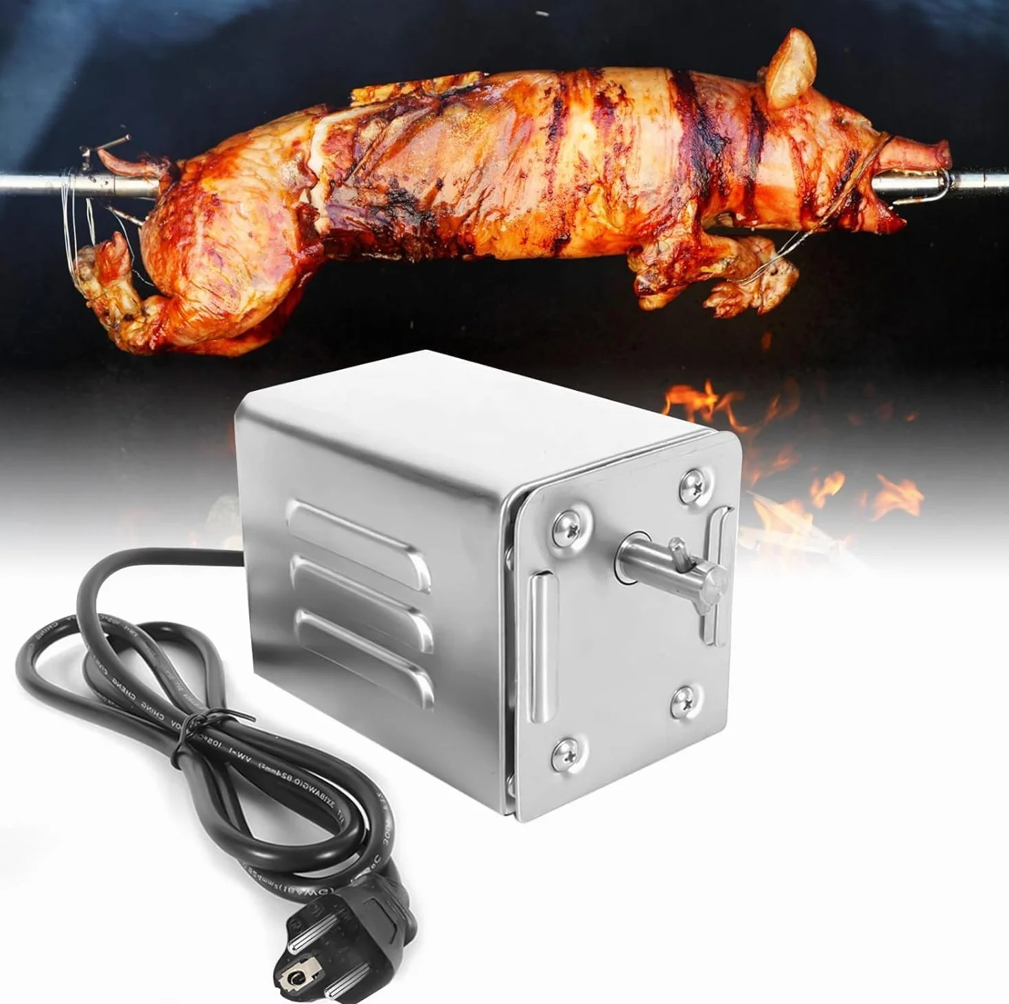 SP-S40 15W 60KG/132LBS Moteur électrique pour Barbecue en Acier Inoxydable, 2.7 RPM Moteur Professionnel pour Barbecue, Poulet, Porc, Chèvre grillée à l'extérieur