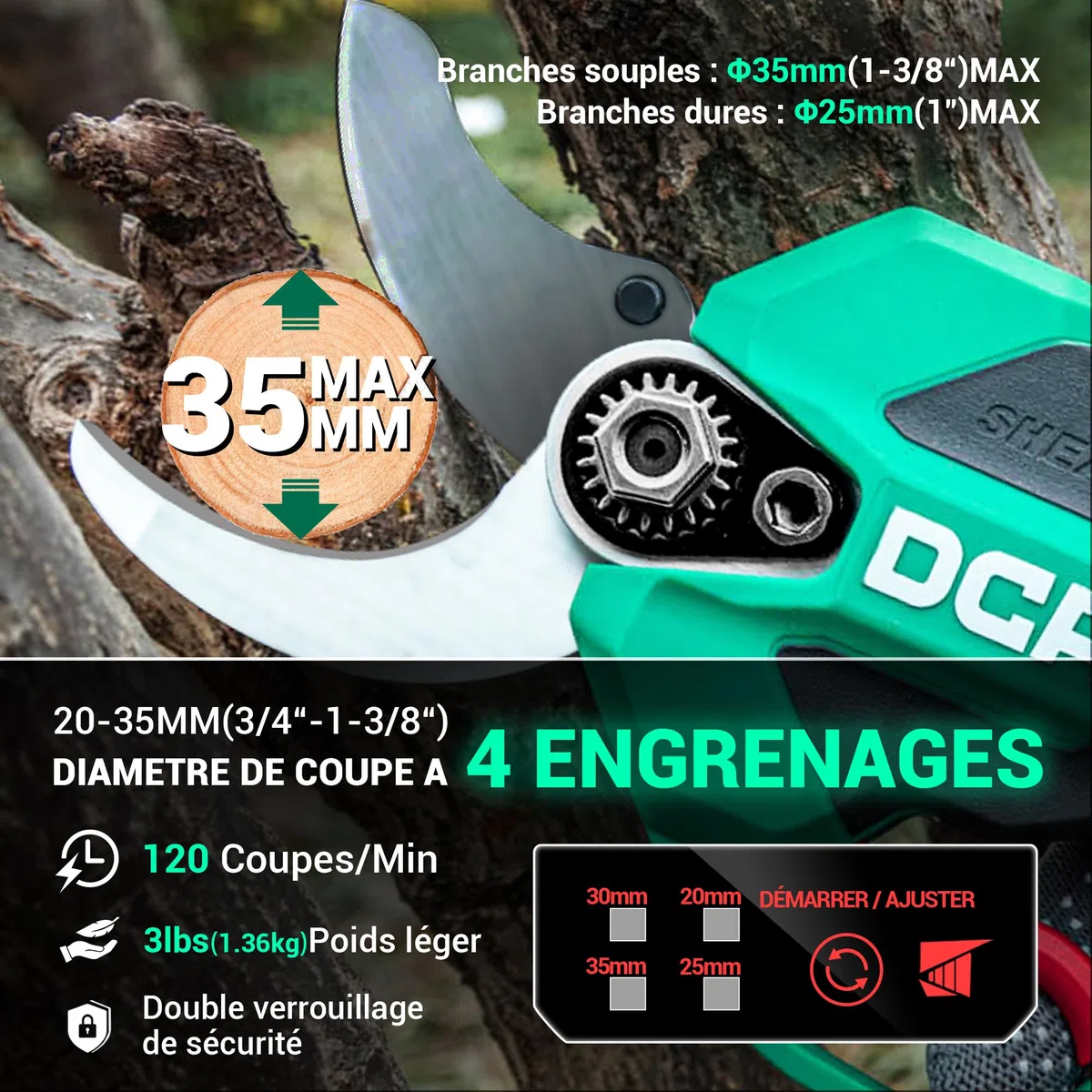 DCA Sécateur Électrique Sans fil 20V, max 35mm Secateur Electrique Moteur Sans Balais avec batterie 2,0Ah, lame SK5 avec étui de sécurité portable pour la taille jardinage vignoble arbres fruitiers