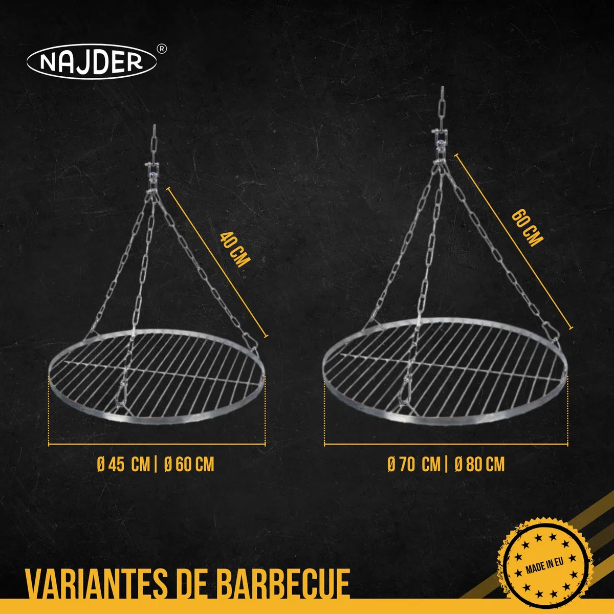 NAJDER Set de Grille Ronde en Acier Inoxydable Ø600 mm avec Chaîne de Suspension Ø3 mm, Grille Ronde pour Barbecue Pivotant avec Jeu de Chaînes, Émerillon et Mousqueton, pour Barbecue Suspendu