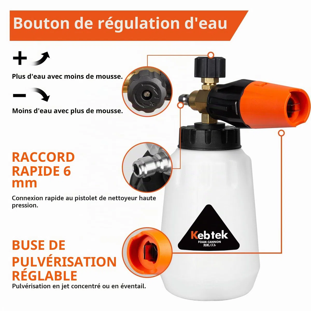 Kebtek Canon à Mousse et Pistolet Haute Pression 5200 PSI pour Lavage Voiture Auto, avec 6-en-1 Embouts de Buse et Adaptateur Compatible avec Karcher K2-K7 (MRP-001-A)