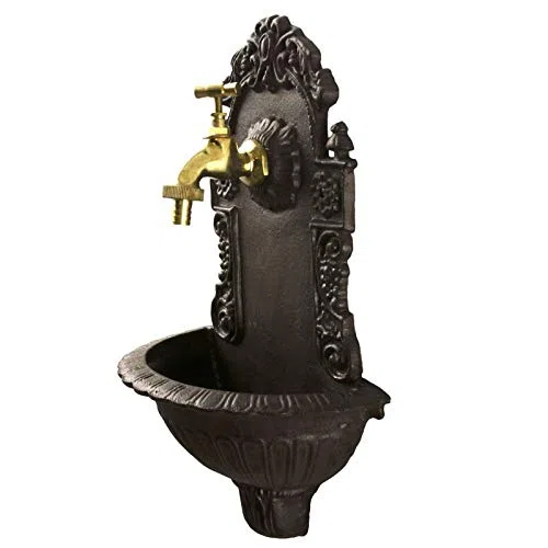 Fontaine de Jardin de Charme Murale Source Fonte Patinée Marron avec Robinet Fonctionnel en Laiton 14x25x40cm
