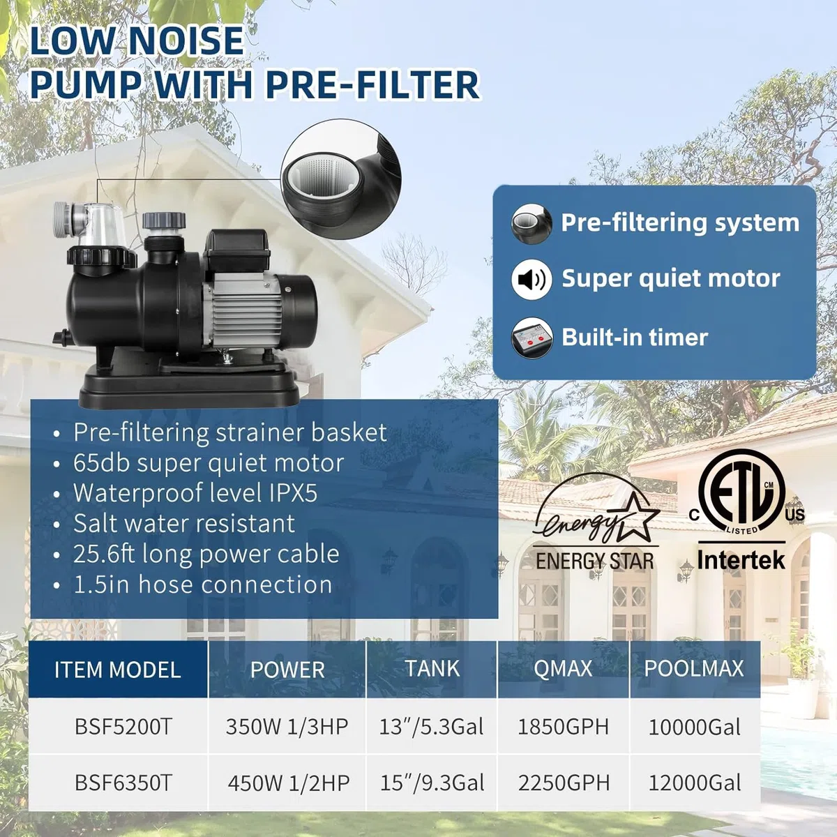 BlueBay Pompe filtrante à sable 15" avec minuterie 1/2 HP / 2250 GPH pour piscines hors sol jusqu'à 10 000 gallons, valve à 7 voies, installation facile, gris