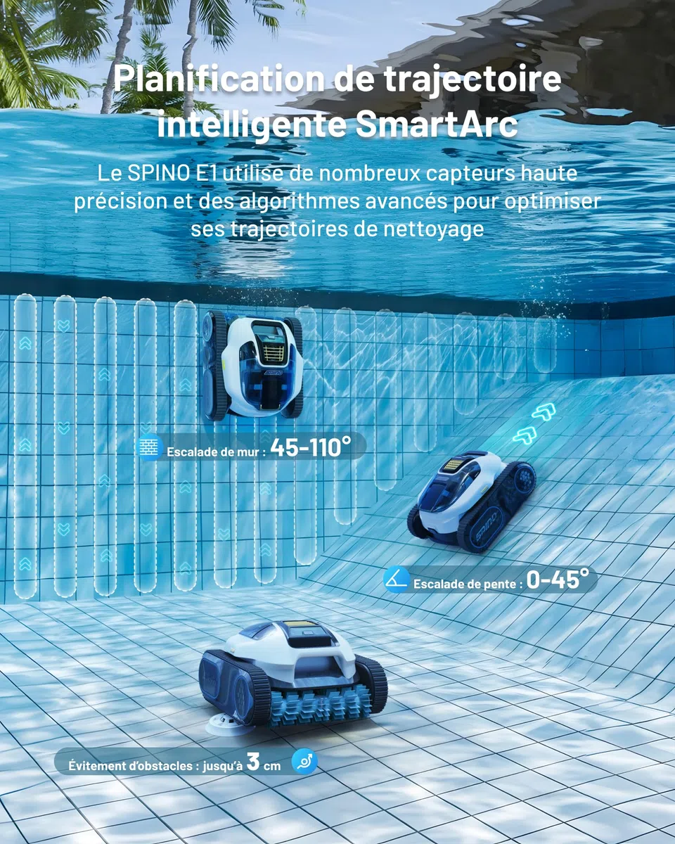 SPINO E1 Robot Piscine sans Fil | Autonomie 210 Min, 21950 LPH, 5 Modes, Nettoyage Parois et Ligne d'Eau, Contrôle par App, Trajet SmartArc, Piscines 150 m²