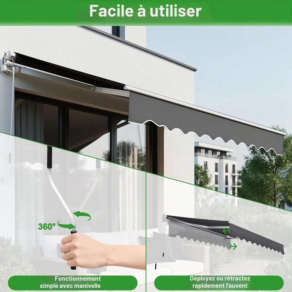 UISEBRT Store de balcon - 300 cm de large - En aluminium - Protection solaire - Avec manivelle - Étanche - Gris foncé (360 x 300 cm)