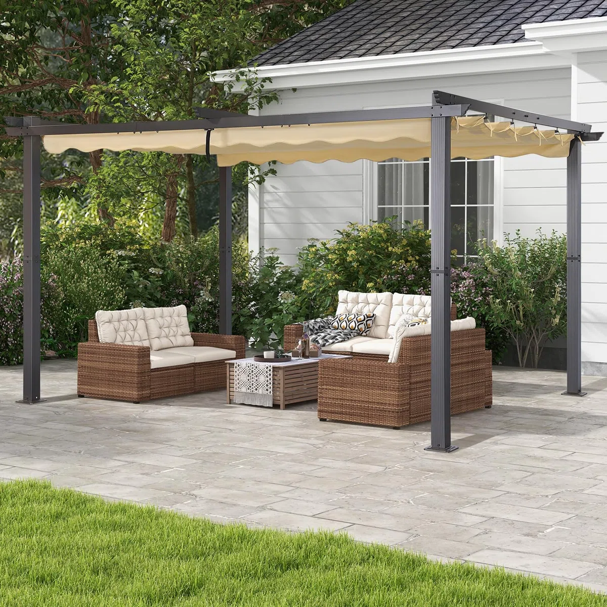 Angel Living Pergola en Aluminium, 4x3M, Coulissante Rétractable, Tissu en Polyester Haute Densité Hydrofuge et Résistant aux UV, Abri Soleil Pavillon de Jardin pour Jardin Terrasse, Beige