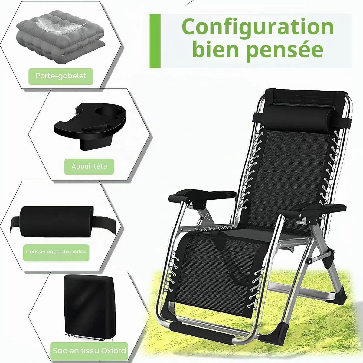 Chaise Longue Pliante Gravité Zéro avec Coussin Amovible & Appui-Tête Réglable, Cadre Acier Anti-Humidité, 65cm, Charge 200kg, Sac & Plateau Latéral Inclus, pour Jardin et Balcon, Noir*2