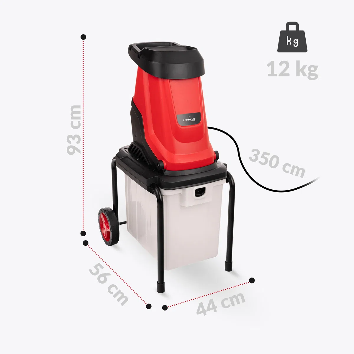 LEHMANN Broyeur Végétaux Électrique 3000 W, pour Branches jusqu'à 45 mm, Châssis robuste, Roues et Bac 50 L, Accessoires - Lunettes de Protection et Sécateur, Interrupteur de sécurité
