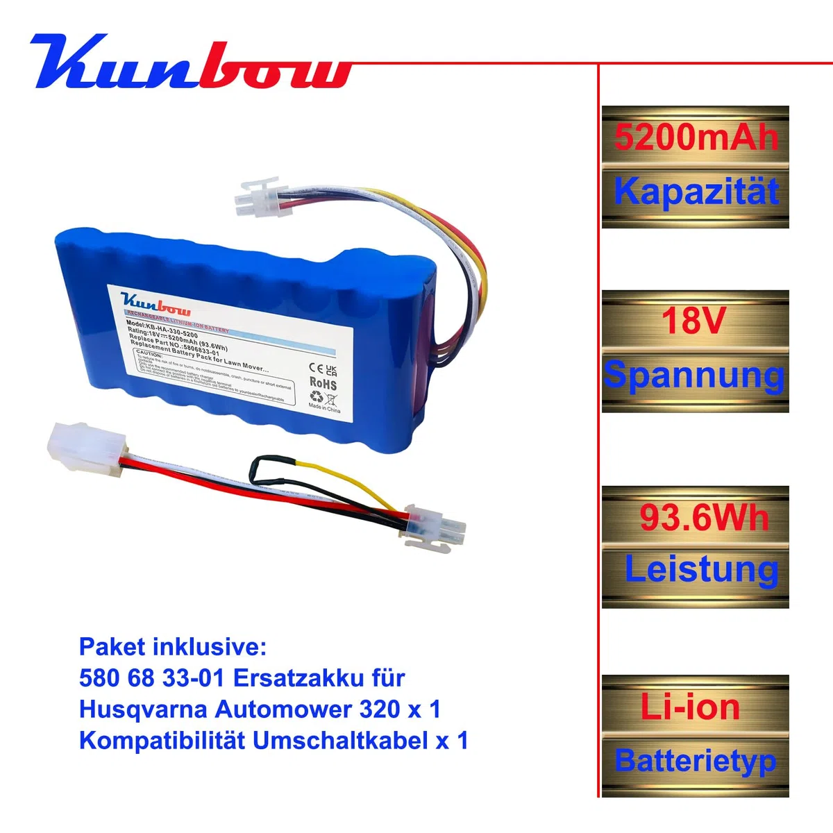 Batterie 5200 mAh pour Tondeuse Robot, Batterie de Rechange pour Husqvarna Automower 320, 330X, 420, 430, 430X, 440, 450X, 520, 550, remplaçant la Batterie 580 68 33-01, 580 68 33-02. (18 V/93,6 Wh)