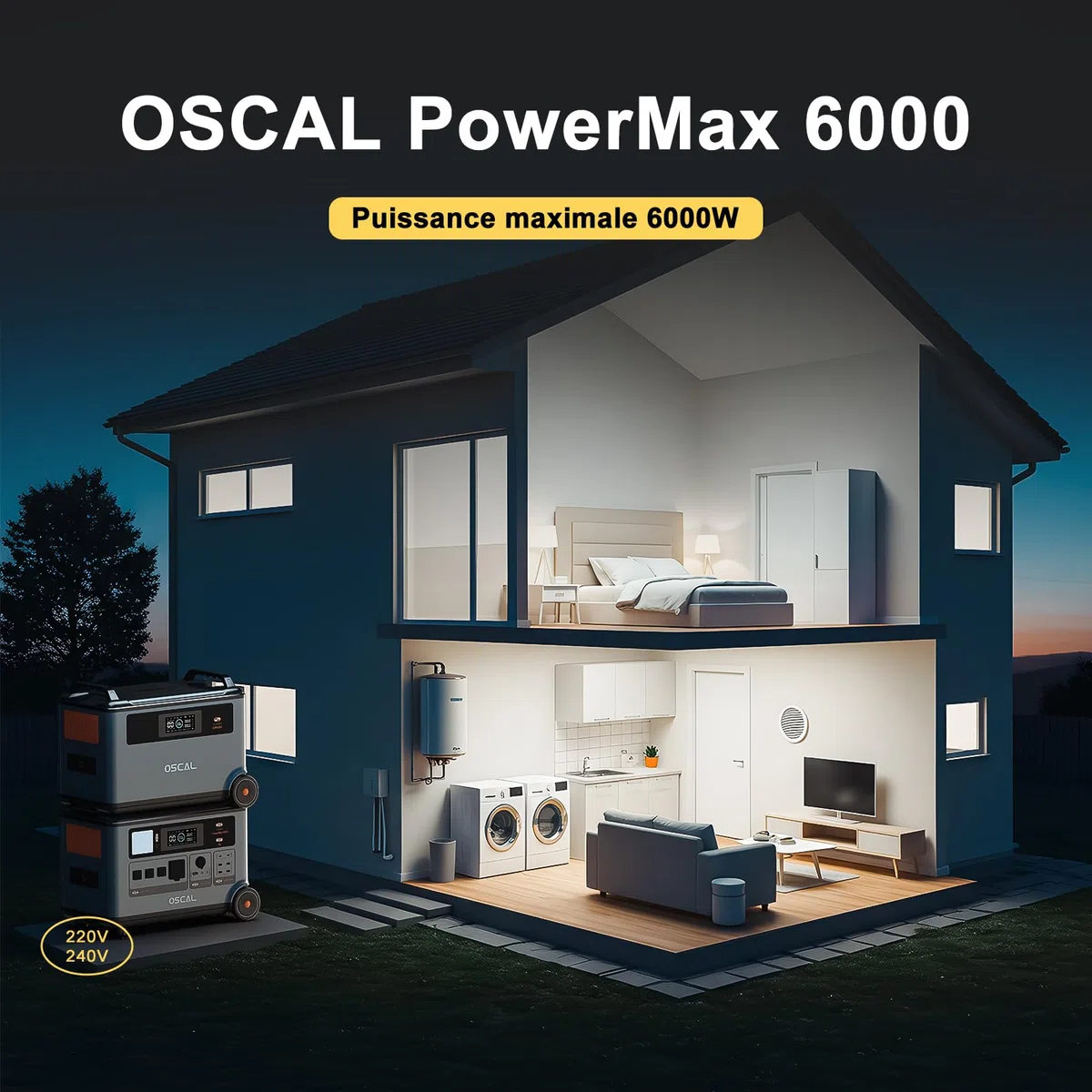 OSCAL PowerMax 6000w Générateur Solaire avec Panneau 400W, 3600Wh Station électrique Portable, Capacité Extensible 57.6kWh, Recharge en 1,2 h, Batterie LFP, APP, 14 Sorties, pour Maison, Camping-Car