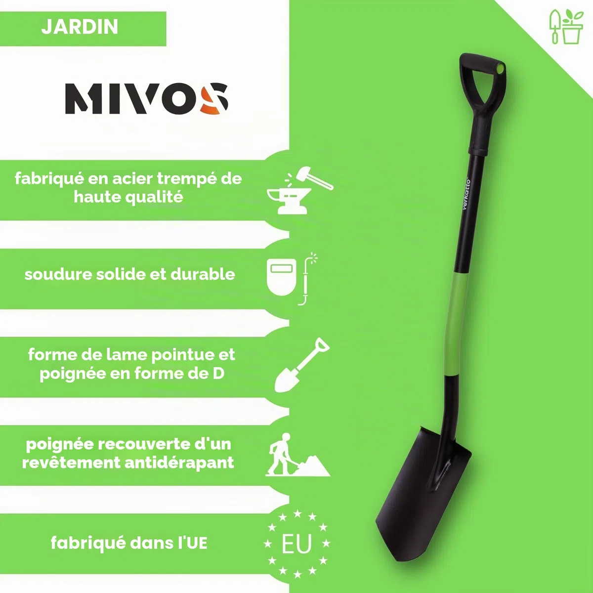 Mivos Petite pelle pointue - Mini pelle pointue pour le jardinage et la construction - Bêche courte - Bêche pionnière
