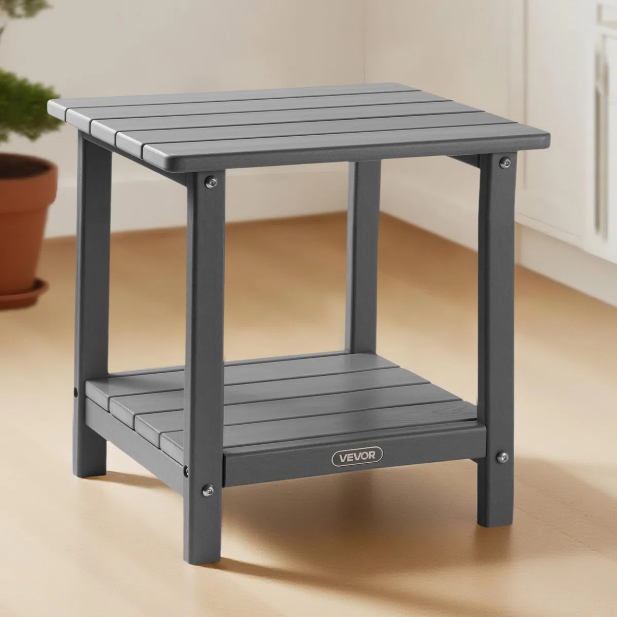 VEVOR Table d'Appoint Extérieur Jardin, 2 Niveaux, 45 x 38 x 44 cm, en PEHD, Entretien Facile, Résiste aux Intempéries, pour Terrasse, Bord de Piscine, Plage, Porche, Patio, Balcon, Intérieur, Gris