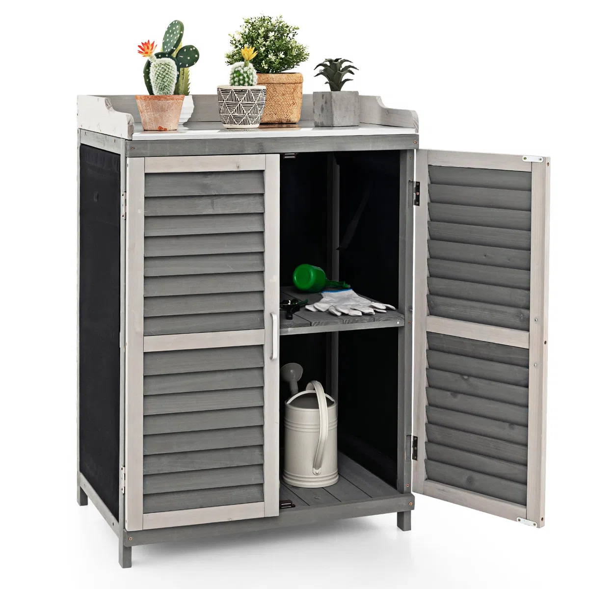 HOMASIS Table de Rempotage en Bois avec Plateau en Métal et 2 Etagères | Abri de rangement Imperméable pour Jardin Terrasse Patio Arrière, 67 x 47 x 100 cm, Gris