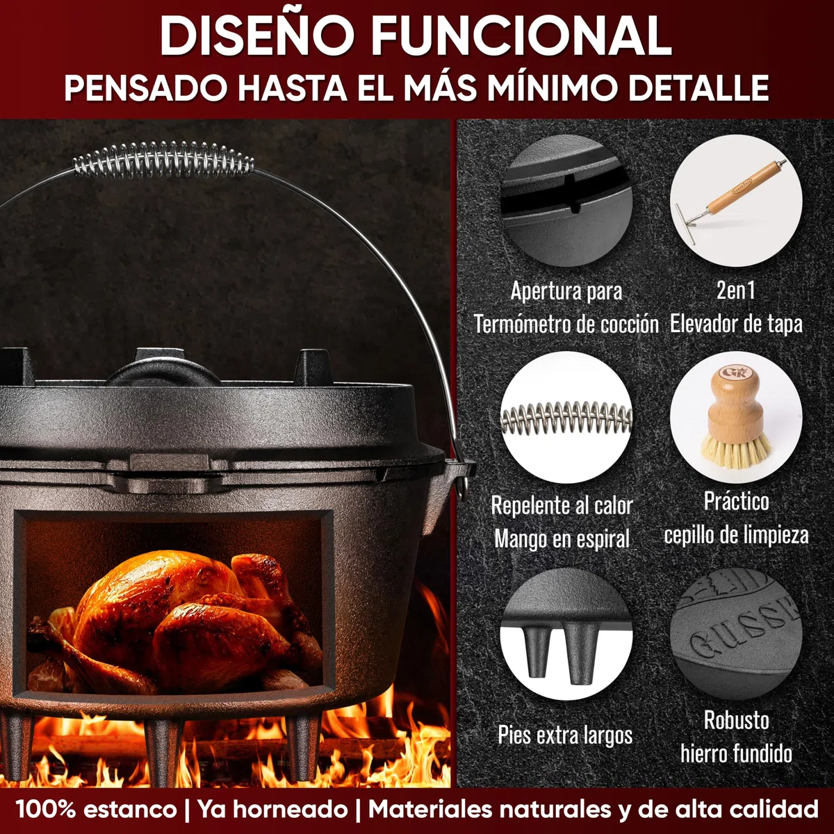 GUSSKÖNIG dutch oven Cocotte Fonte Barbecue - Cocotte Émaillée 7L avec Pieds - Chaudron en fonte - Double Fonction - Marmite fonte-Marmite feu de bois, Inclus : Brosse & Livre de Recettes[3-5 Pers.]