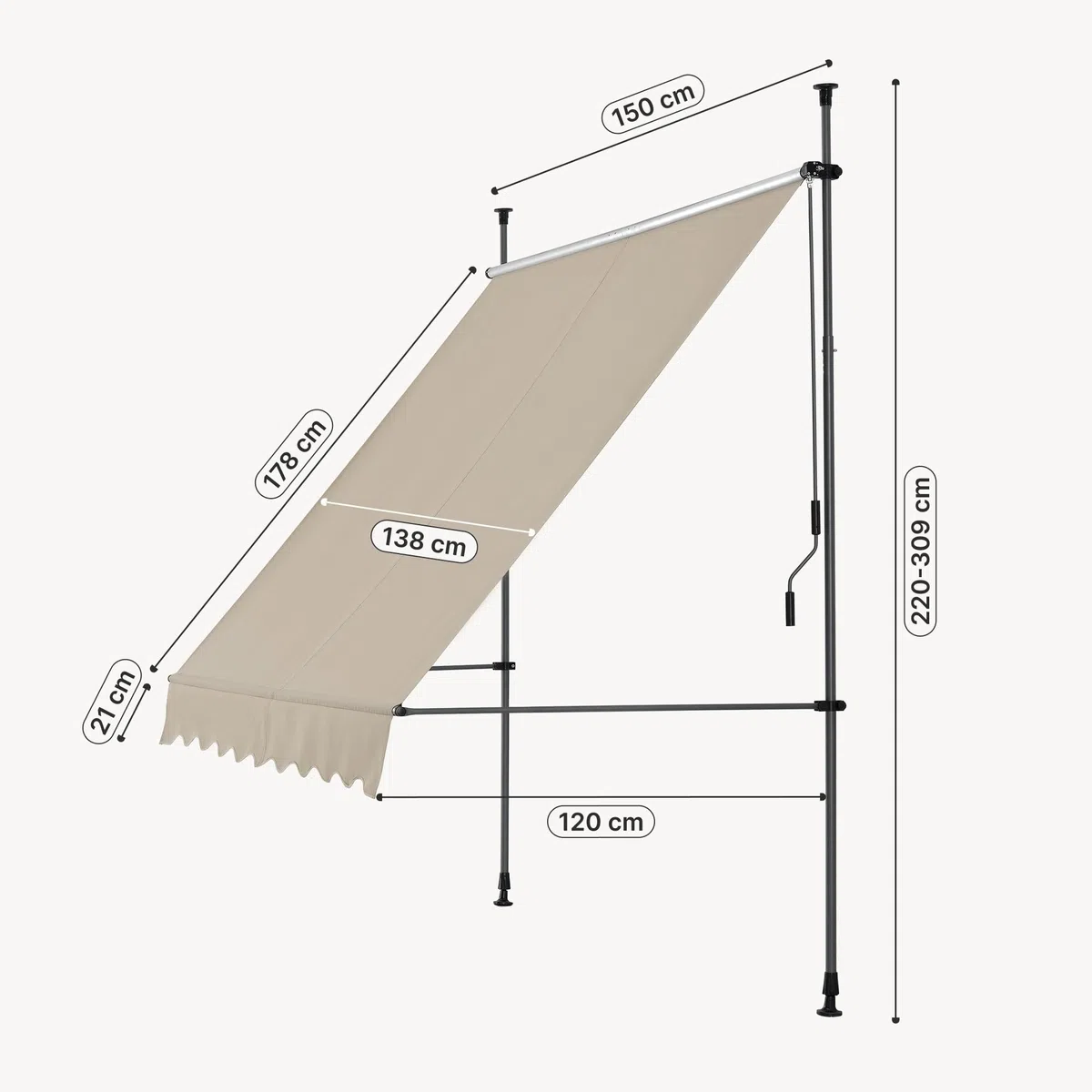 pro.tec Store Banne Manuel Rétractable pour Terrasse Marquise Soleil de Balcon Auvent Téléscopique Hauteur et Inclinaison Réglable sans Perçage Acier Polyester 150 x 120 x 220-309 cm Sable