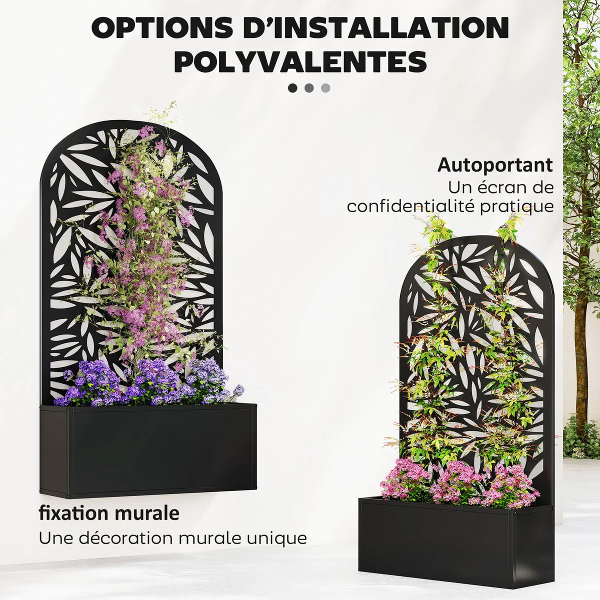 Outsunny Jardinière avec Treillis, Bac à Fleurs Métal, 61x23x113cm Noir | Lit Surélevé avec Brise-vue Découpé en Feuilles, Fixation Mur ou Sol, pour Plantes Grimpantes, Légumes, Fleurs