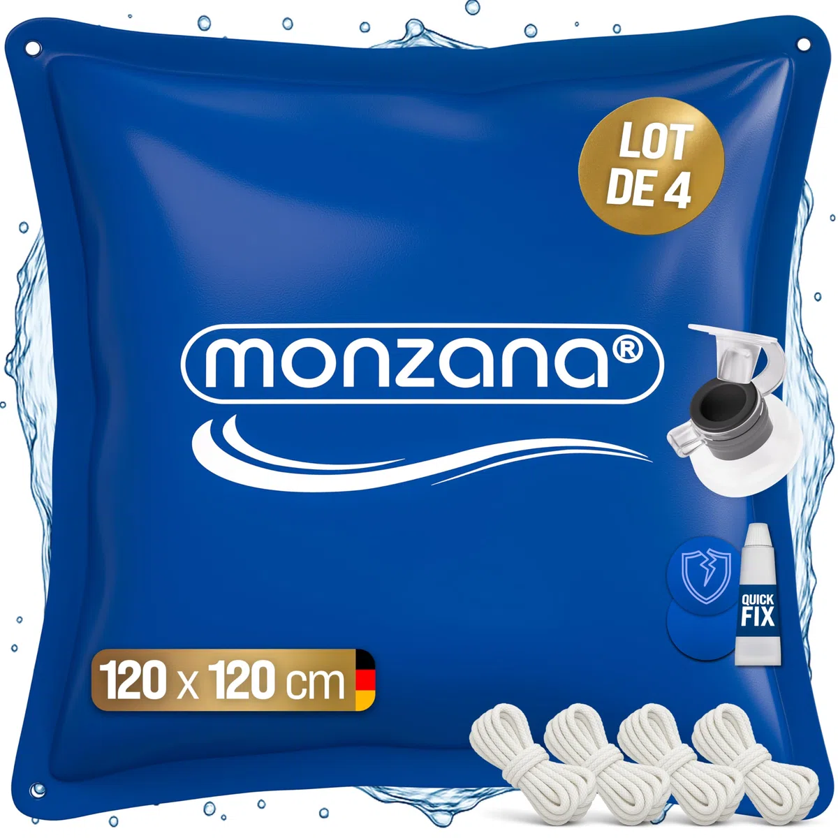 MONZANA® 4X Coussin de Piscine hivernage XL Corde PVC -20°C Double Couture 4 Oeillets Coussin Gonflable Oreiller Piscine Coussin Flottant Valve air | corde, double couture, 4 œillets, coussin gonflable, flottant, ballon, 120x120cm, eau chlorée, 0,44mm, ne