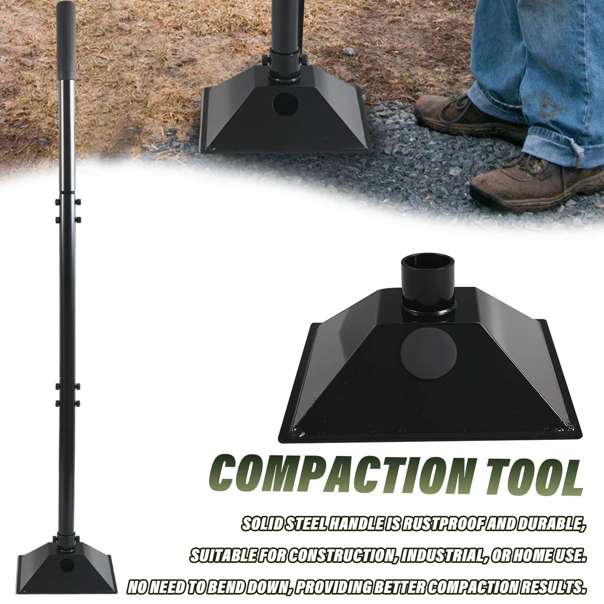Tamper en acier avec poignée en acier réglable de 85 cm, poignée en caoutchouc et base remplissable de 20,3 x 20,3 cm, pilon robuste pour tamper le sol, le gravier, la réparation de pavés