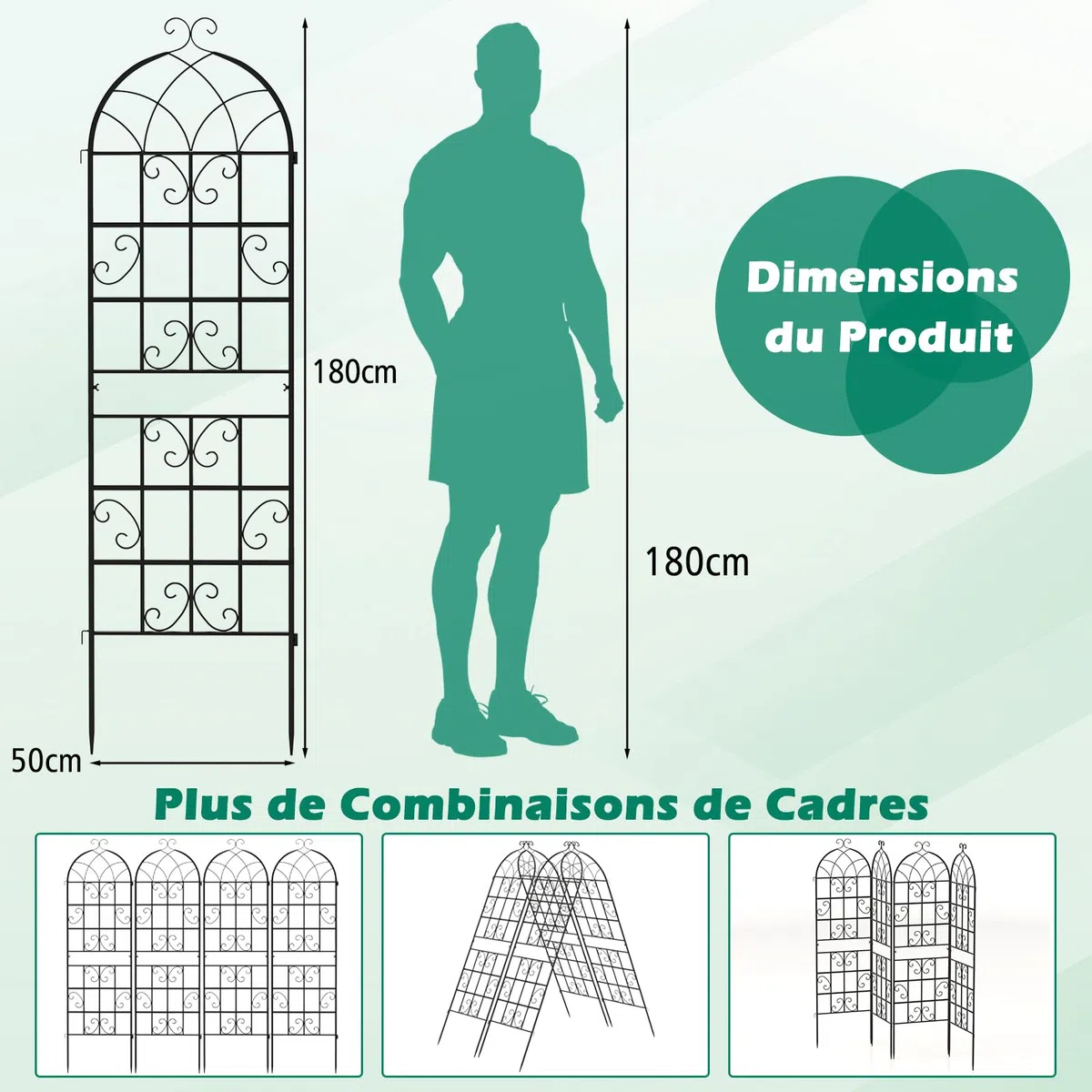 COSTWAY Lot de 2 Treillis de Jardin en Métal 180 x 50 cm, Clôture Décorative pour Plante Grimpante, Grille Fleurs Antirouille pour Jardin, Cour, Patio, Noir